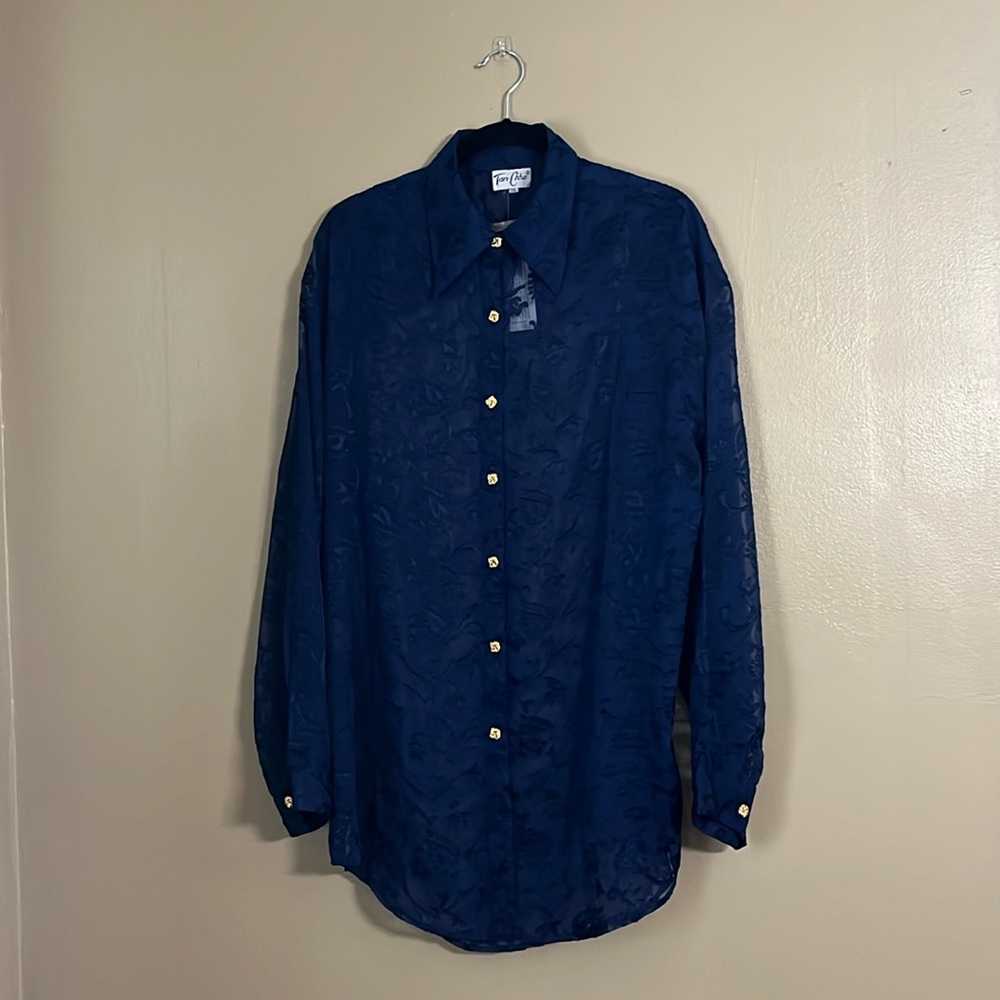 Tan-Chho Tunic Sz 2X Navy Lace Gold Button Down Long Sleeves Semi Sheer